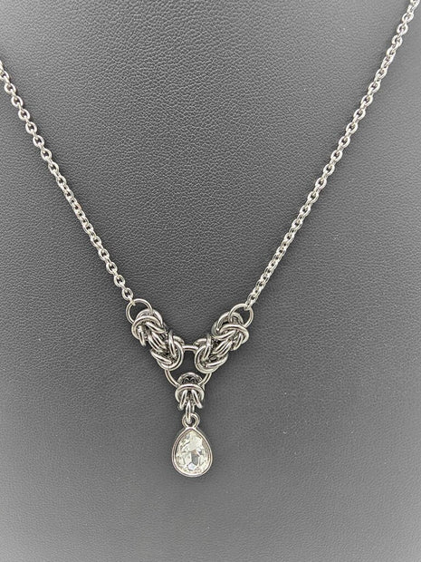 White Crystal Stainless Steel Byzantine "April" Necklace 16-18 inches long