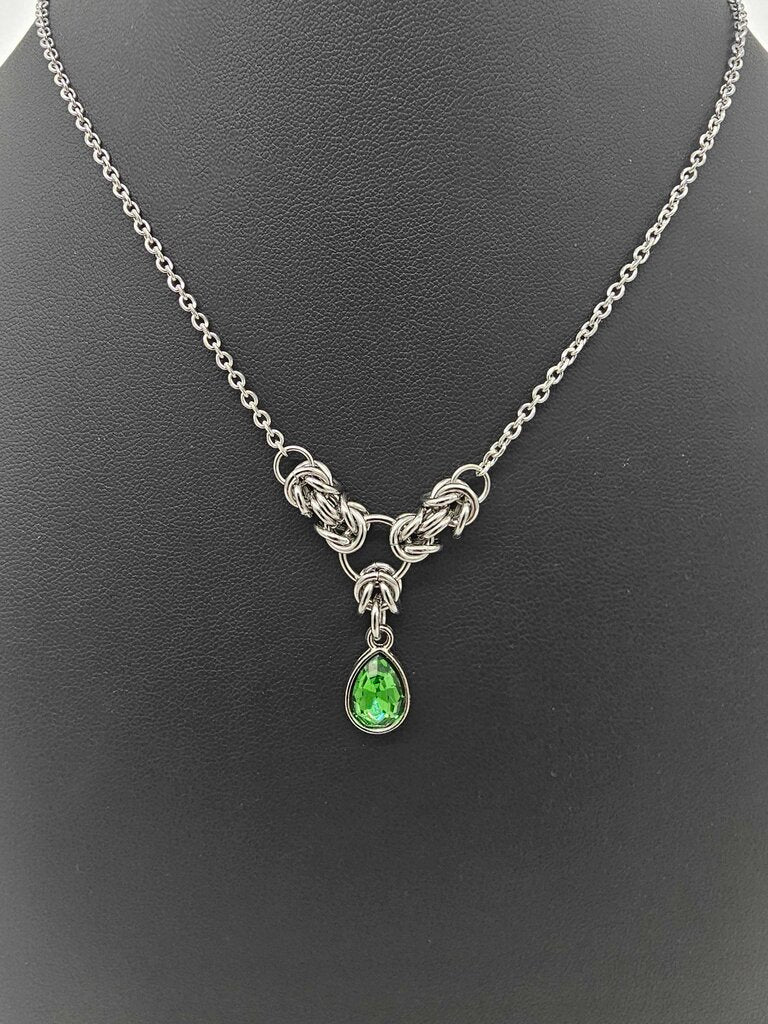 Green Crystal Stainless Steel Byzantine "May" Necklace 16-18 inches long