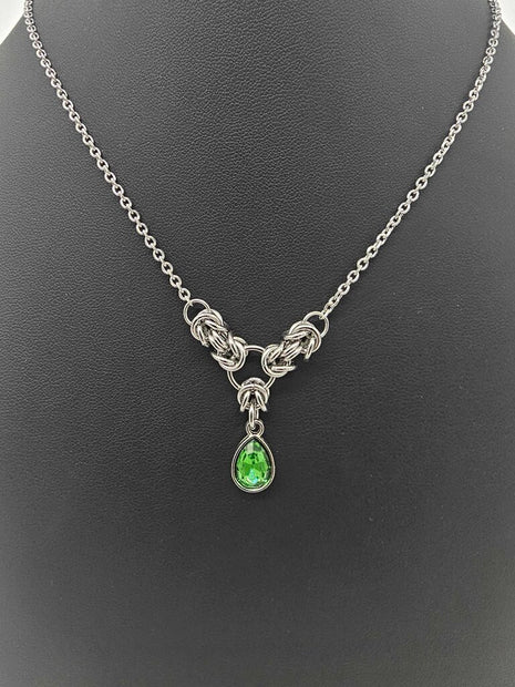 Green Crystal Stainless Steel Byzantine "May" Necklace 16-18 inches long