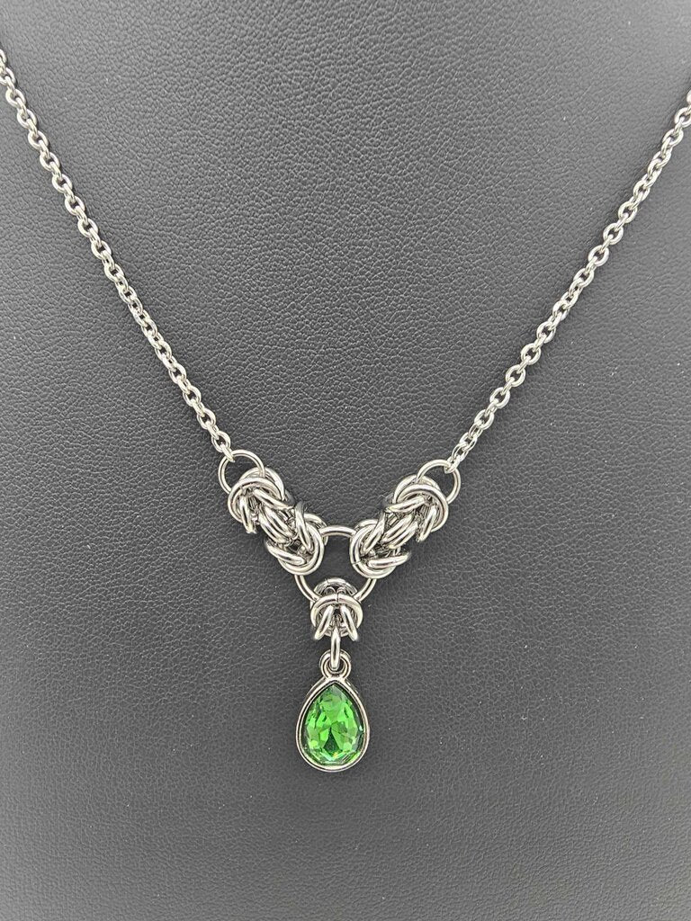 Green Crystal Stainless Steel Byzantine "May" Necklace 16-18 inches long