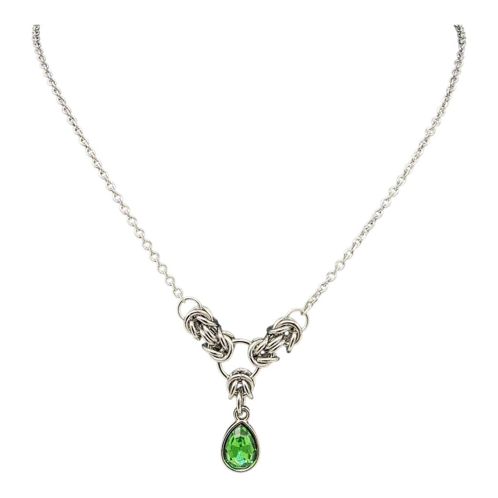 Green Crystal Stainless Steel Byzantine "May" Necklace 16-18 inches long