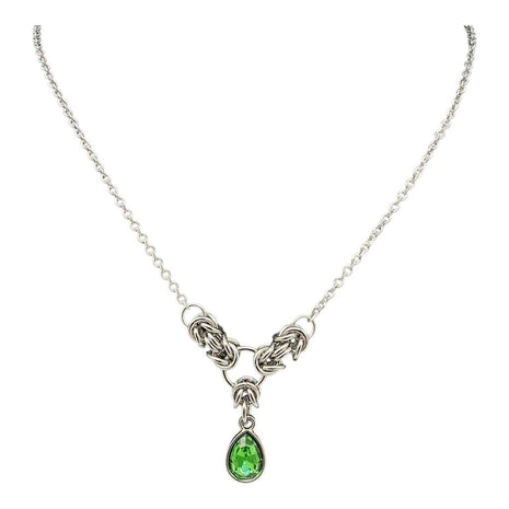 Green Crystal Stainless Steel Byzantine "May" Necklace 16-18 inches long