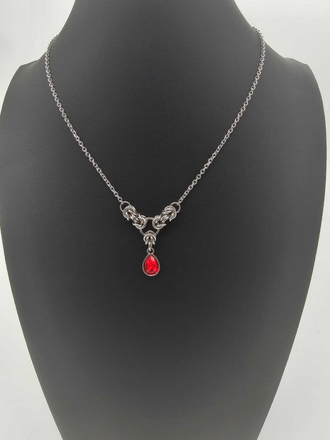 Siam Red Crystal Stainless Steel Byzantine "July" Necklace 16-18 inches long