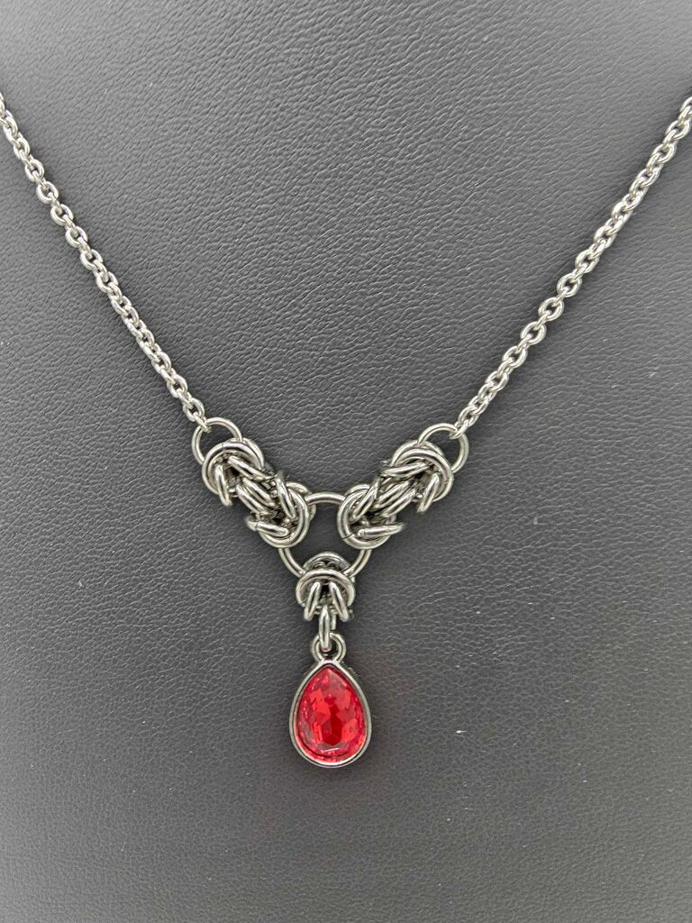 Siam Red Crystal Stainless Steel Byzantine "July" Necklace 16-18 inches long