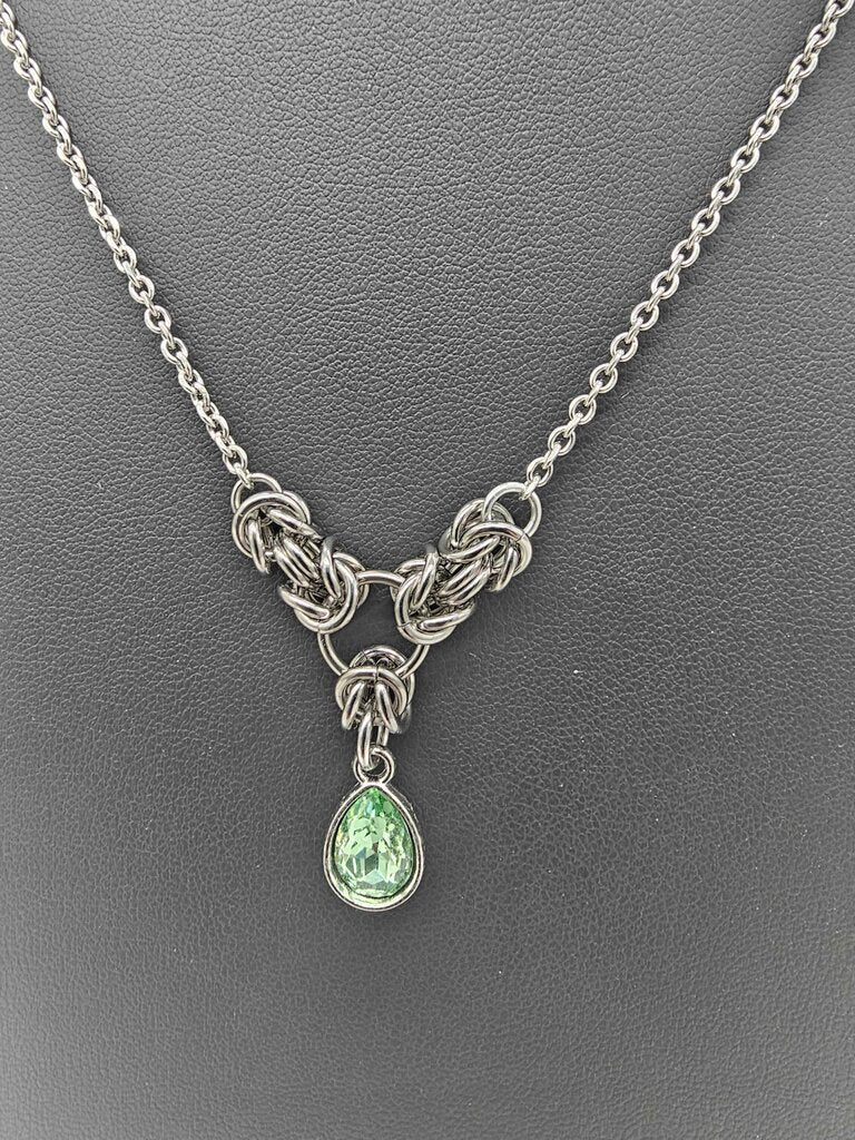Light Green Crystal Stainless Steel Byzantine "August" Necklace 16-18 inches long