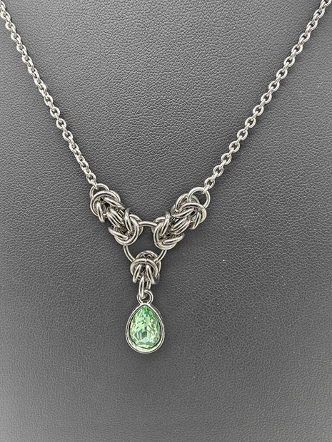 Light Green Crystal Stainless Steel Byzantine "August" Necklace 16-18 inches long