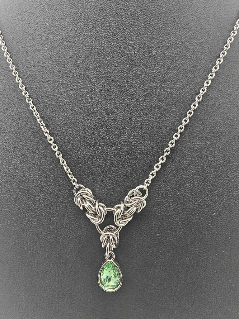 Light Green Crystal Stainless Steel Byzantine "August" Necklace 16-18 inches long