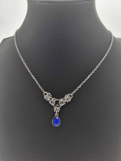 Dark Blue Crystal Stainless Steel Byzantine "September" Necklace 16-18 inches long