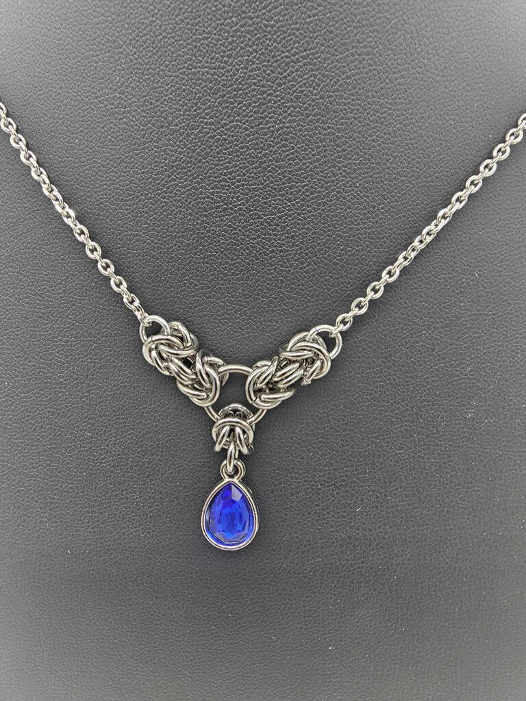 Dark Blue Crystal Stainless Steel Byzantine "September" Necklace 16-18 inches long