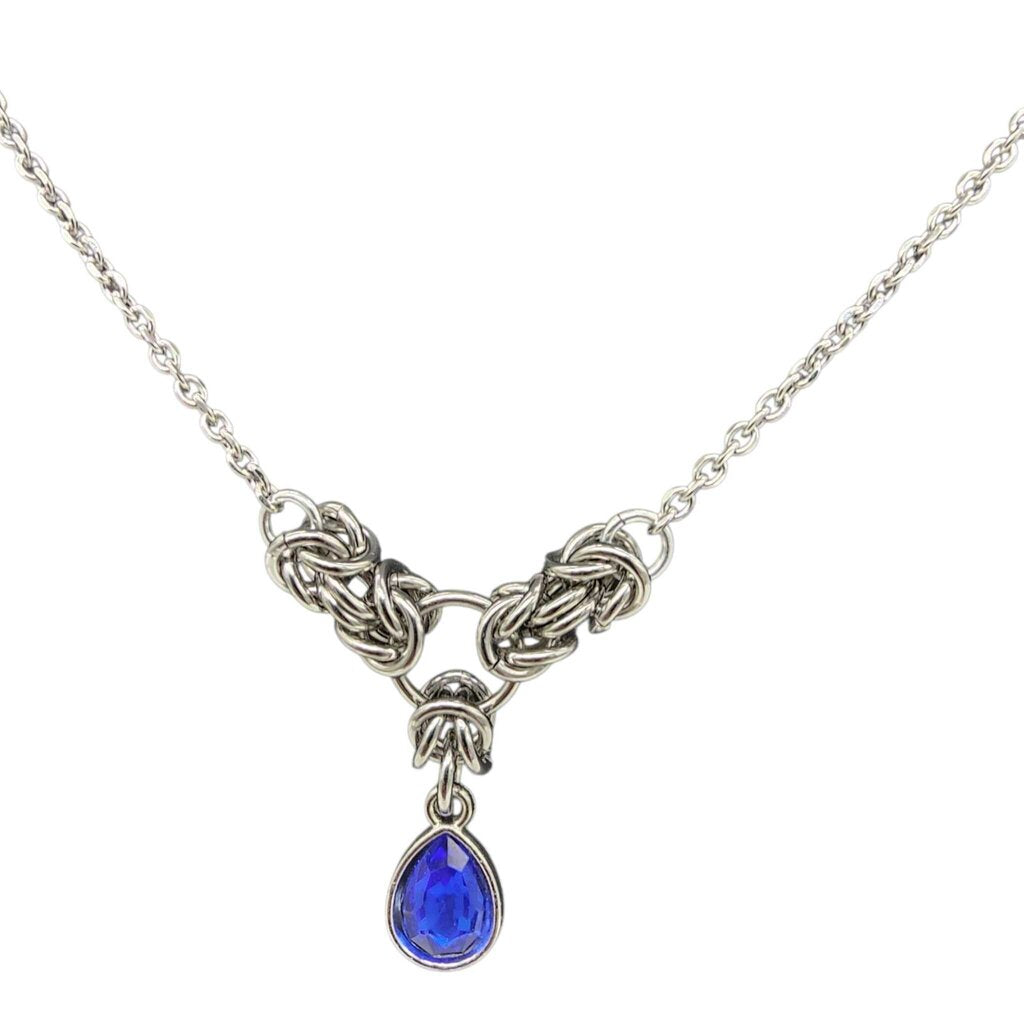 Dark Blue Crystal Stainless Steel Byzantine "September" Necklace 16-18 inches long