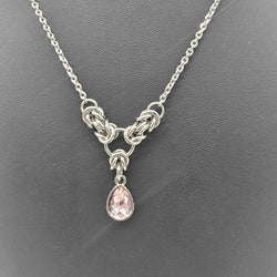 Light Pink Crystal Stainless Steel Byzantine "October" Necklace 16-18 inches long - view 2