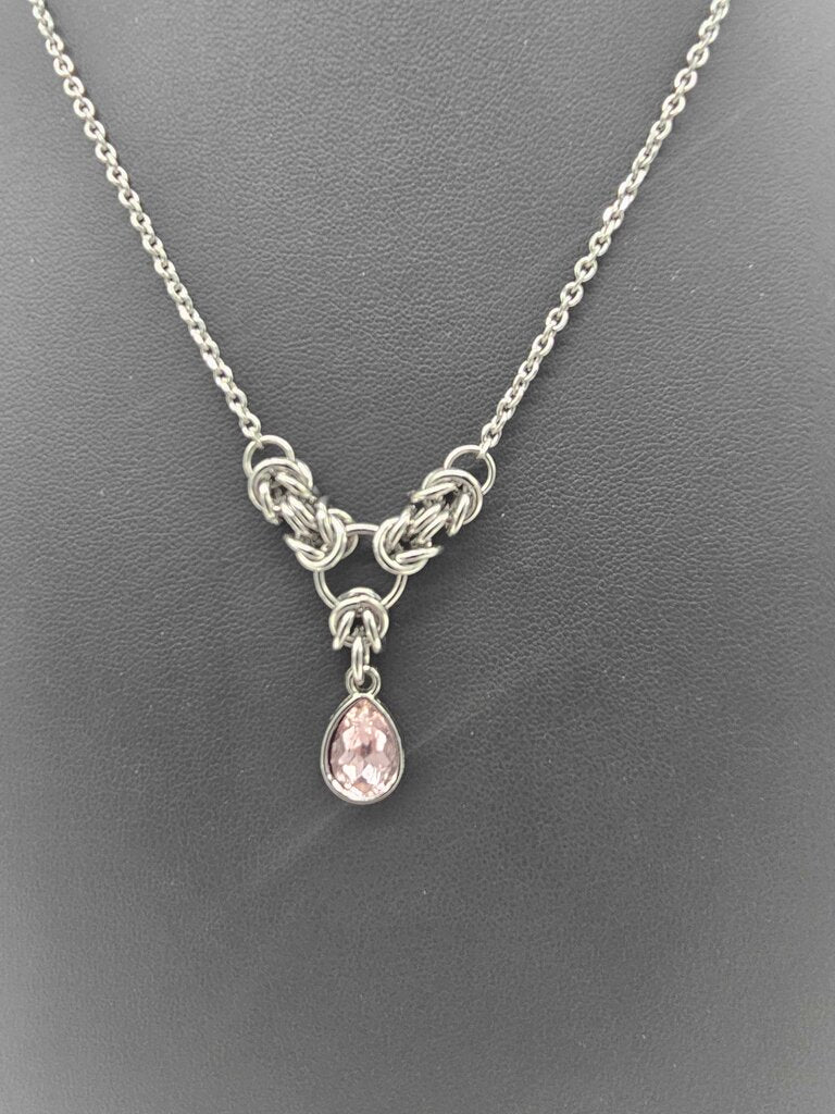 Light Pink Crystal Stainless Steel Byzantine "October" Necklace 16-18 inches long