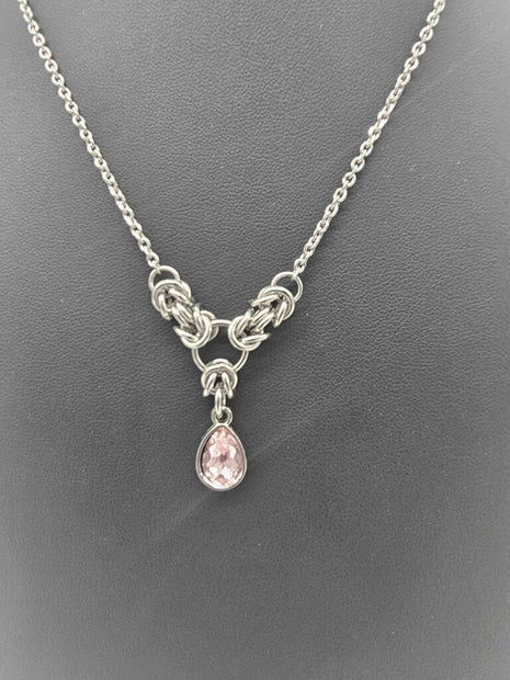 Light Pink Crystal Stainless Steel Byzantine "October" Necklace 16-18 inches long