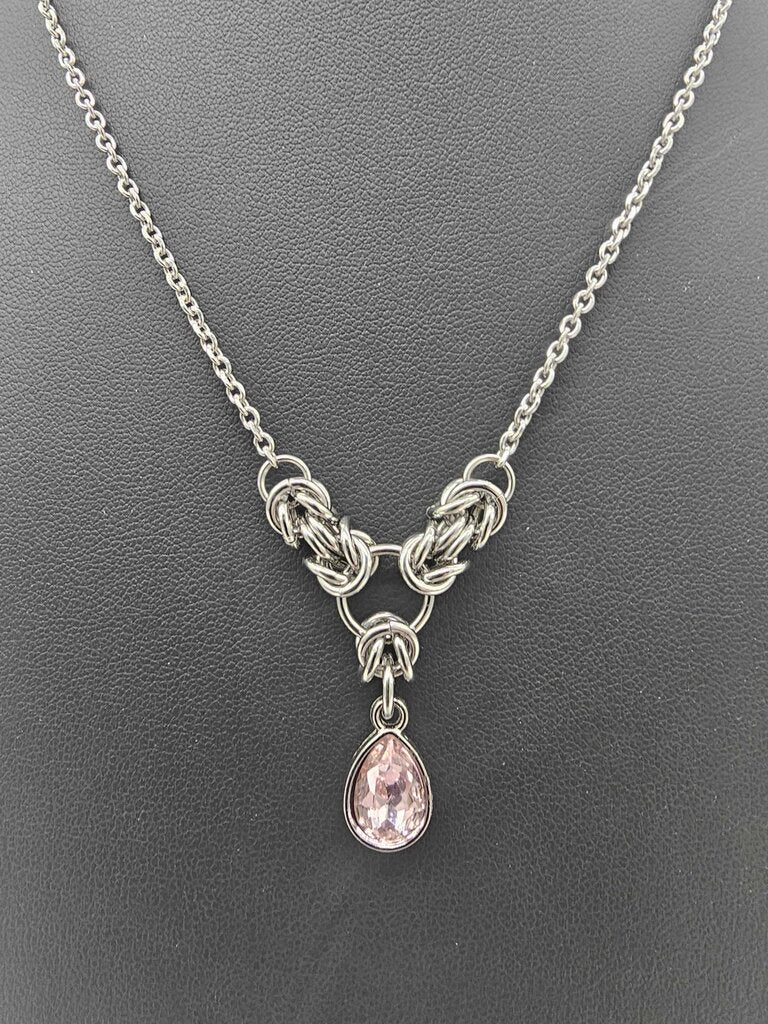 Light Pink Crystal Stainless Steel Byzantine "October" Necklace 16-18 inches long