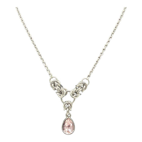 Light Pink Crystal Stainless Steel Byzantine "October" Necklace 16-18 inches long