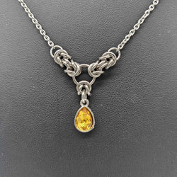 Yellow Topaz Crystal Stainless Steel Byzantine "November" Necklace 16-18 inches long - view 2