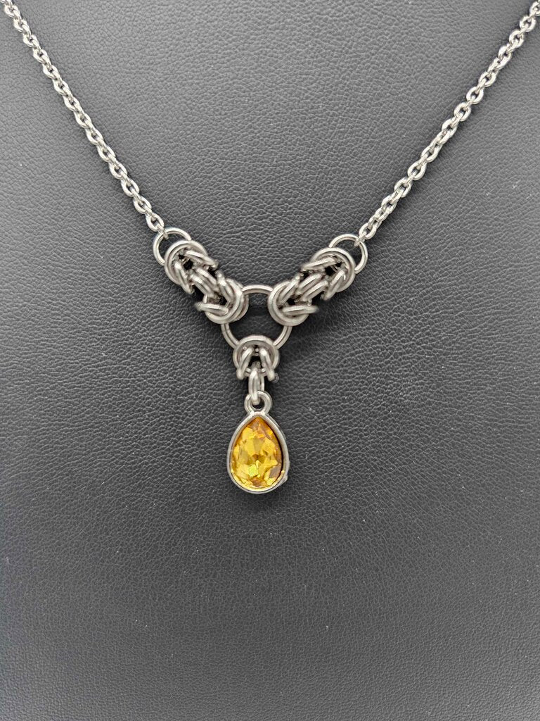 Yellow Topaz Crystal Stainless Steel Byzantine "November" Necklace 16-18 inches long