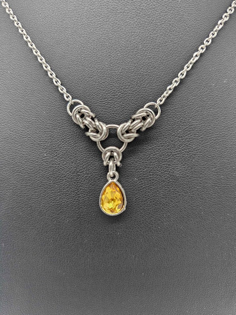 Yellow Topaz Crystal Stainless Steel Byzantine "November" Necklace 16-18 inches long