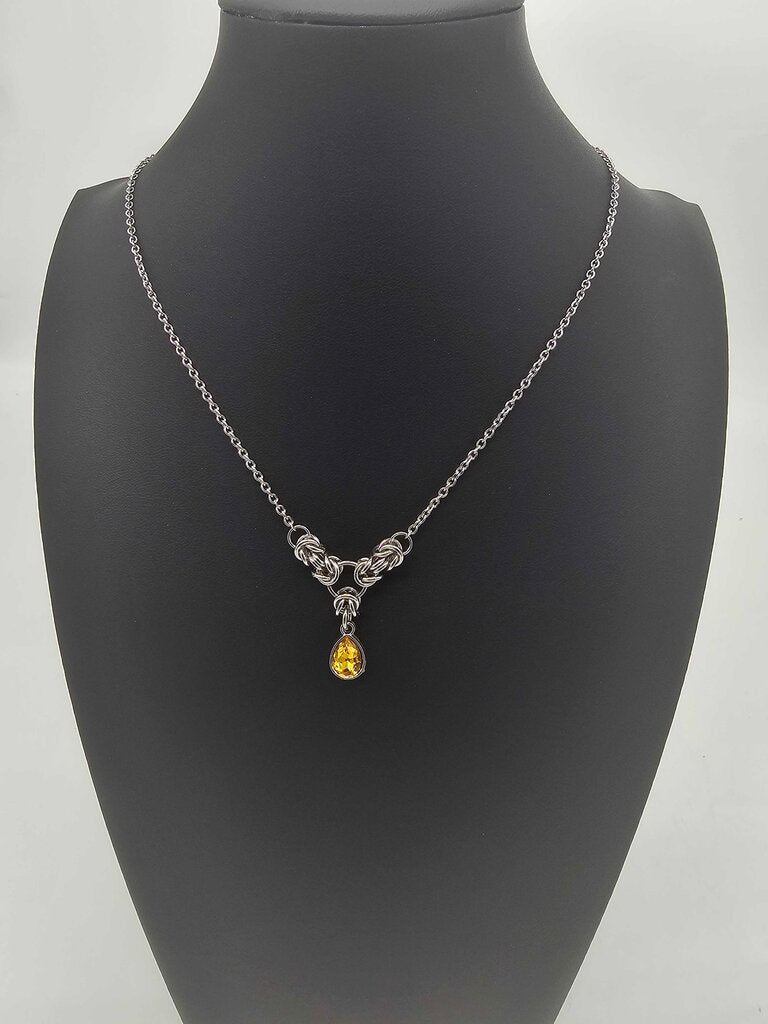 Yellow Topaz Crystal Stainless Steel Byzantine "November" Necklace 16-18 inches long