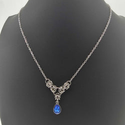 Blue Crystal Stainless Steel Byzantine "December" Necklace 16-18 inches long - view 2