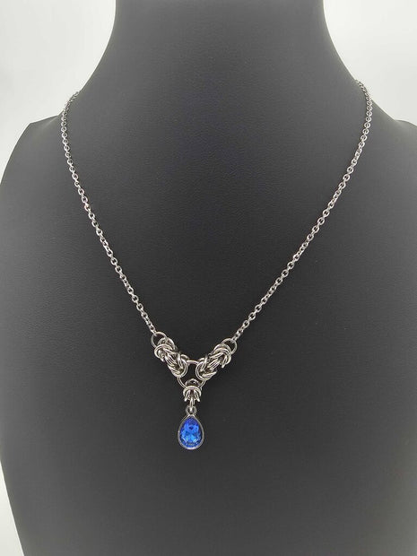 Blue Crystal Stainless Steel Byzantine "December" Necklace 16-18 inches long