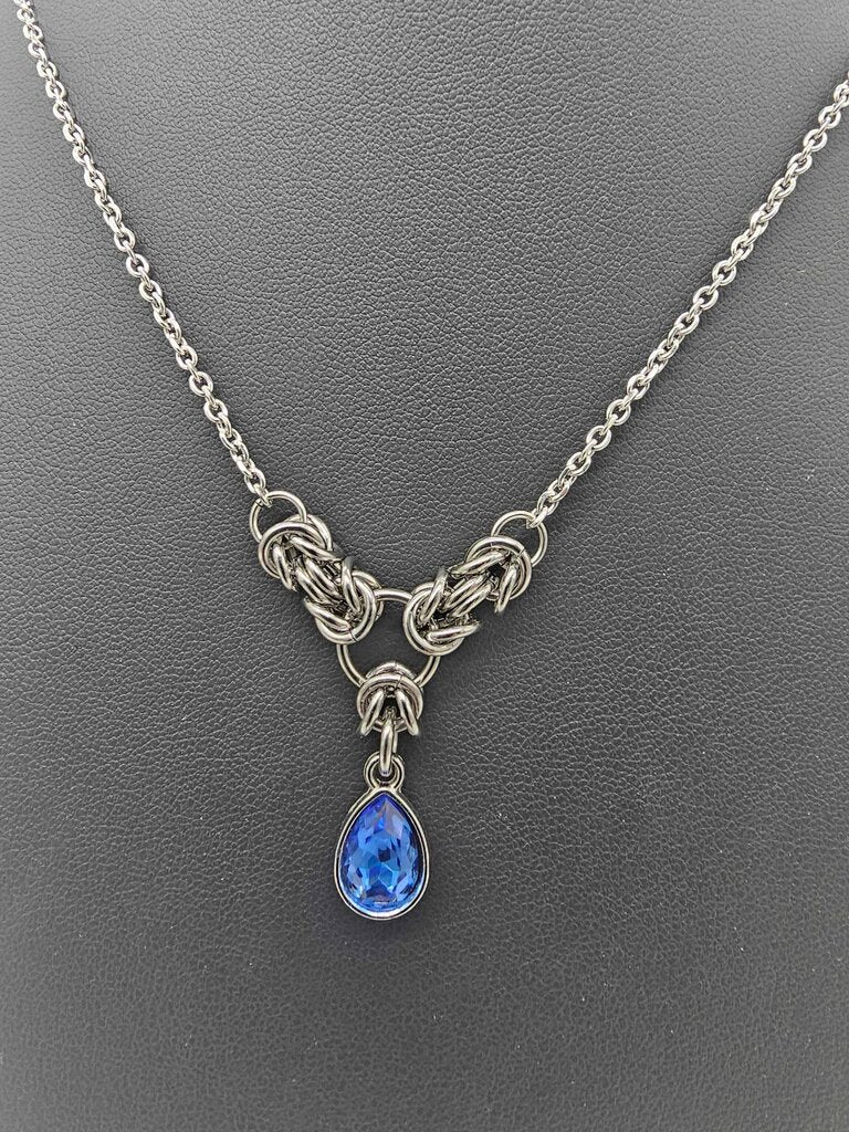 Blue Crystal Stainless Steel Byzantine "December" Necklace 16-18 inches long