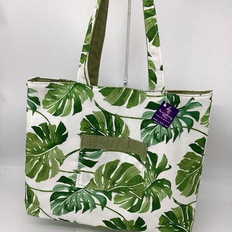White w/ green leaf & green reversible tote bag