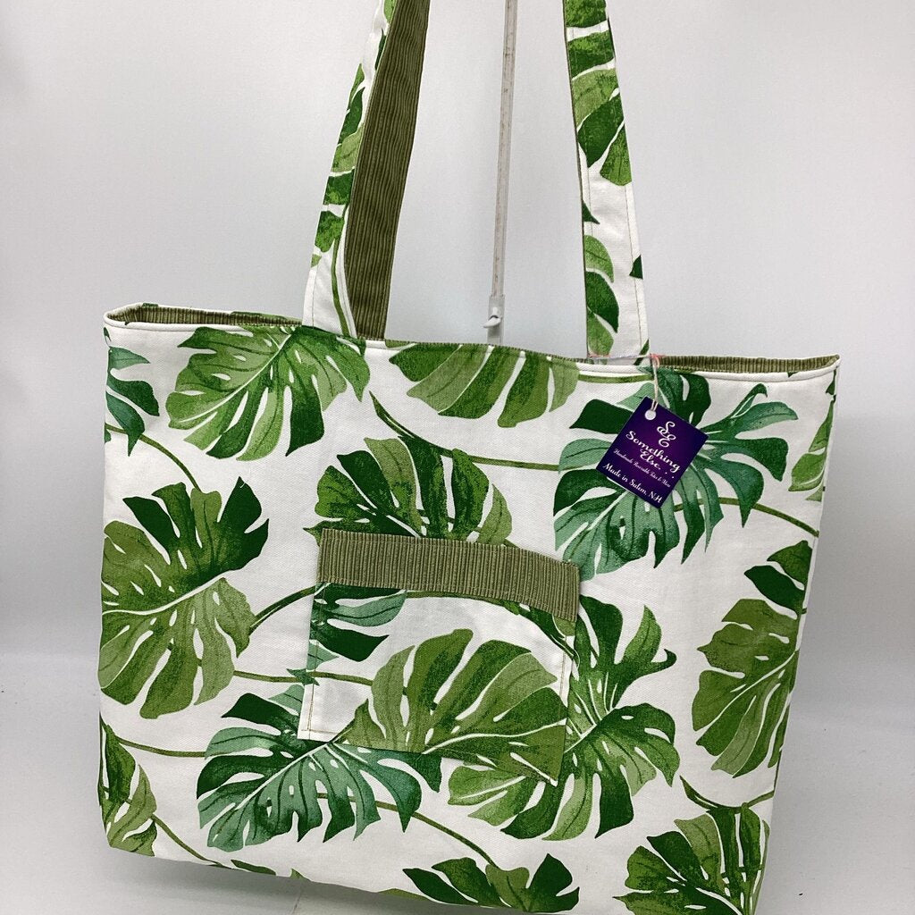 White w/ green leaf & green reversible tote bag