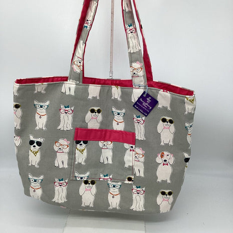 Dog w/ glasses and pink reversible tote bag