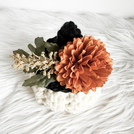 Small Crochet Pumpkin with Witch Hat - Cream With Dusty Orange Florals