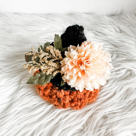 Small Crochet Pumpkin with Witch Hat - Autumn Leaves With Blush Cream Florals