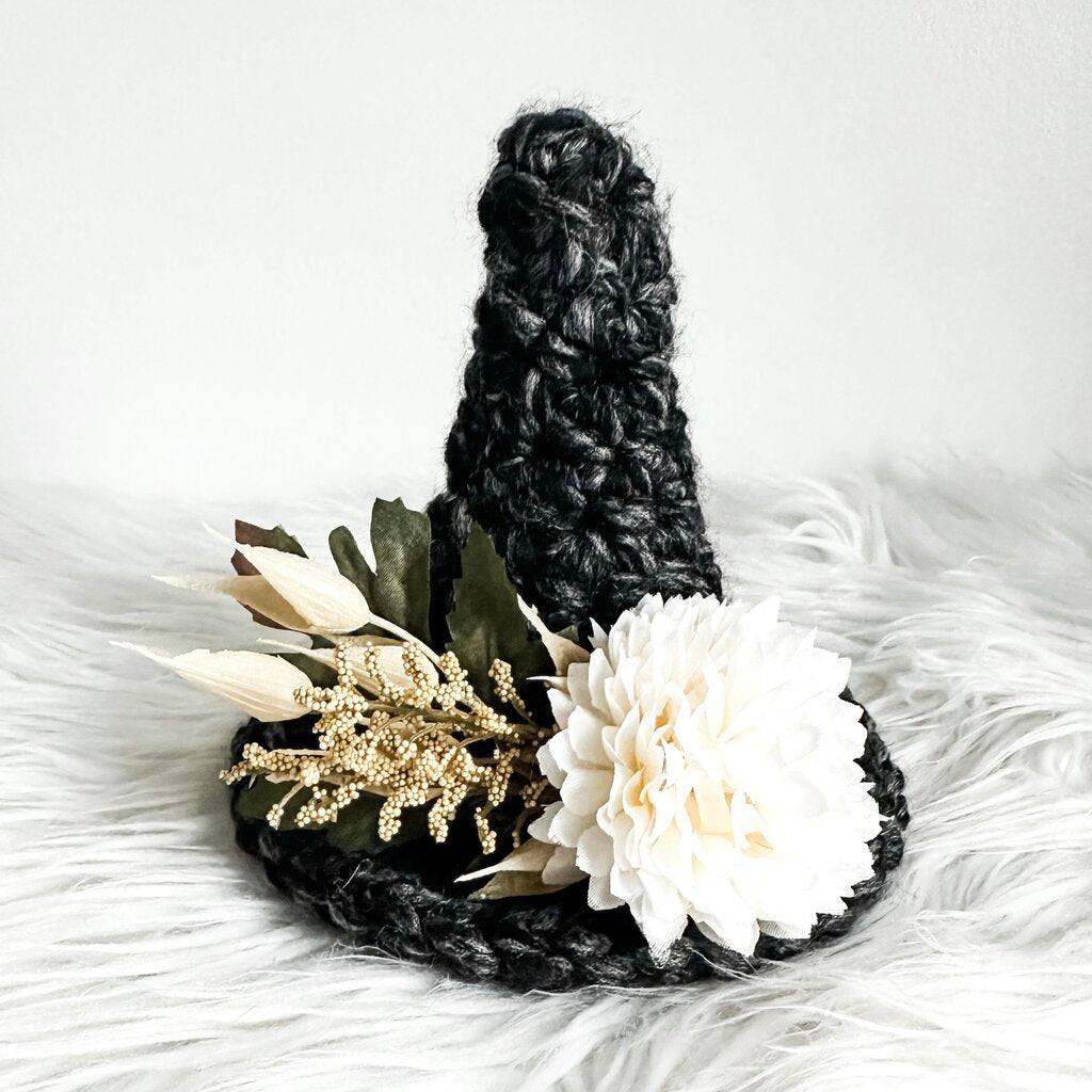 Small Crochet Witch Hat in Charcoal with Cream Florals