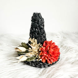 Small Crochet Witch Hat in Charcoal with Burnt Orange Florals - view 1