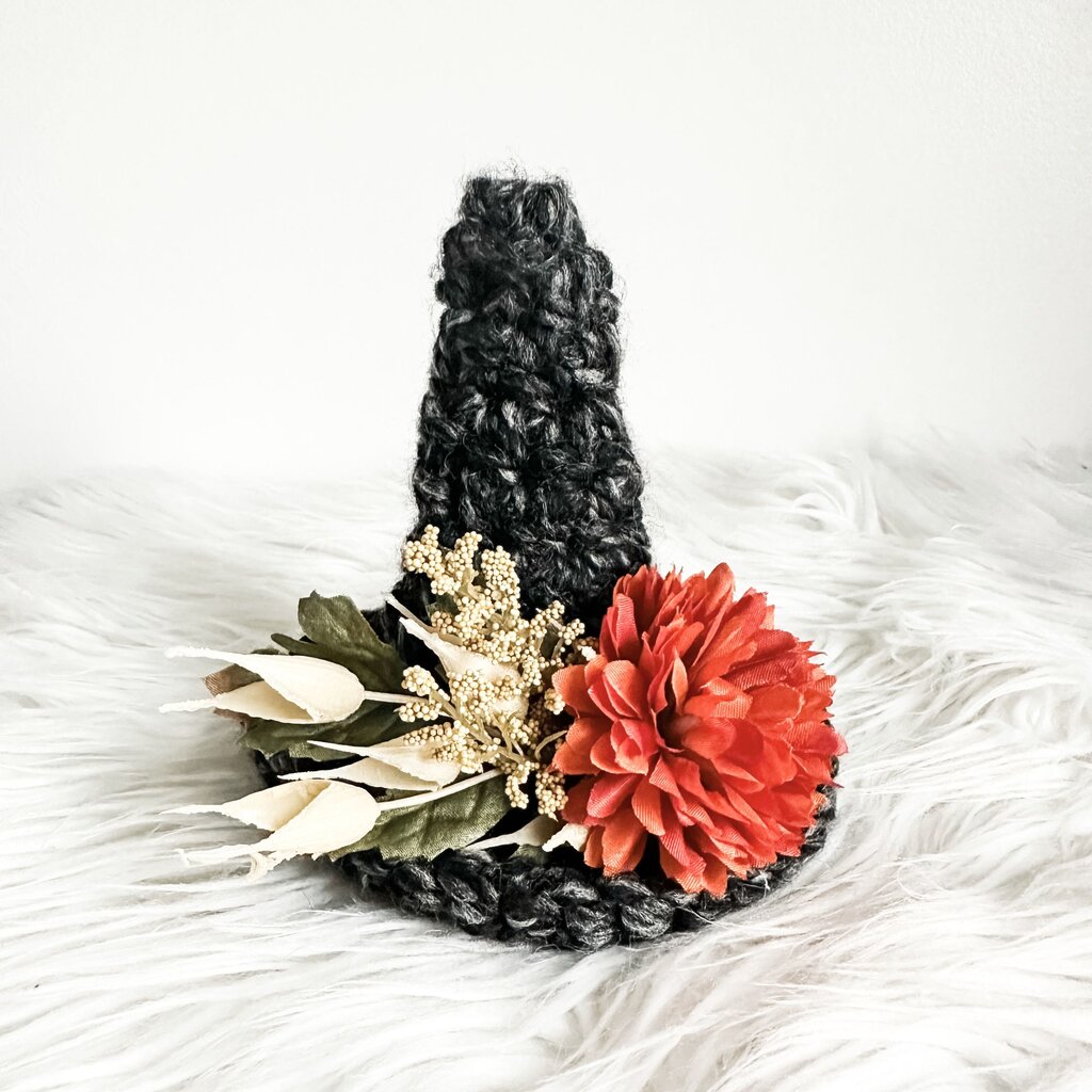 Small Crochet Witch Hat in Charcoal with Burnt Orange Florals