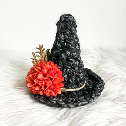 Small Crochet Witch Hat in Charcoal with Burnt Orange Florals - view 2