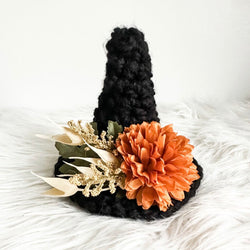 Small Crochet Witch Hat in Black With Dusty Orange Florals - view 2