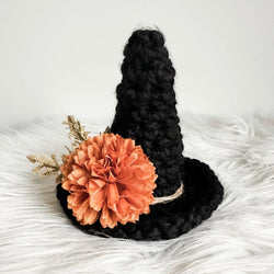 Small Crochet Witch Hat in Black With Dusty Orange Florals - view 1