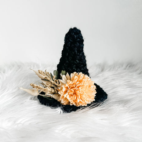 Small Crochet Witch Hat in Black With Blush Honey Florals