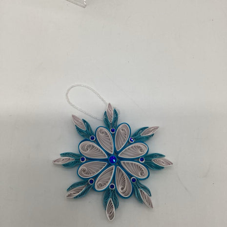 Snowflake ornament white, aqua blue and white with dark blue crystals