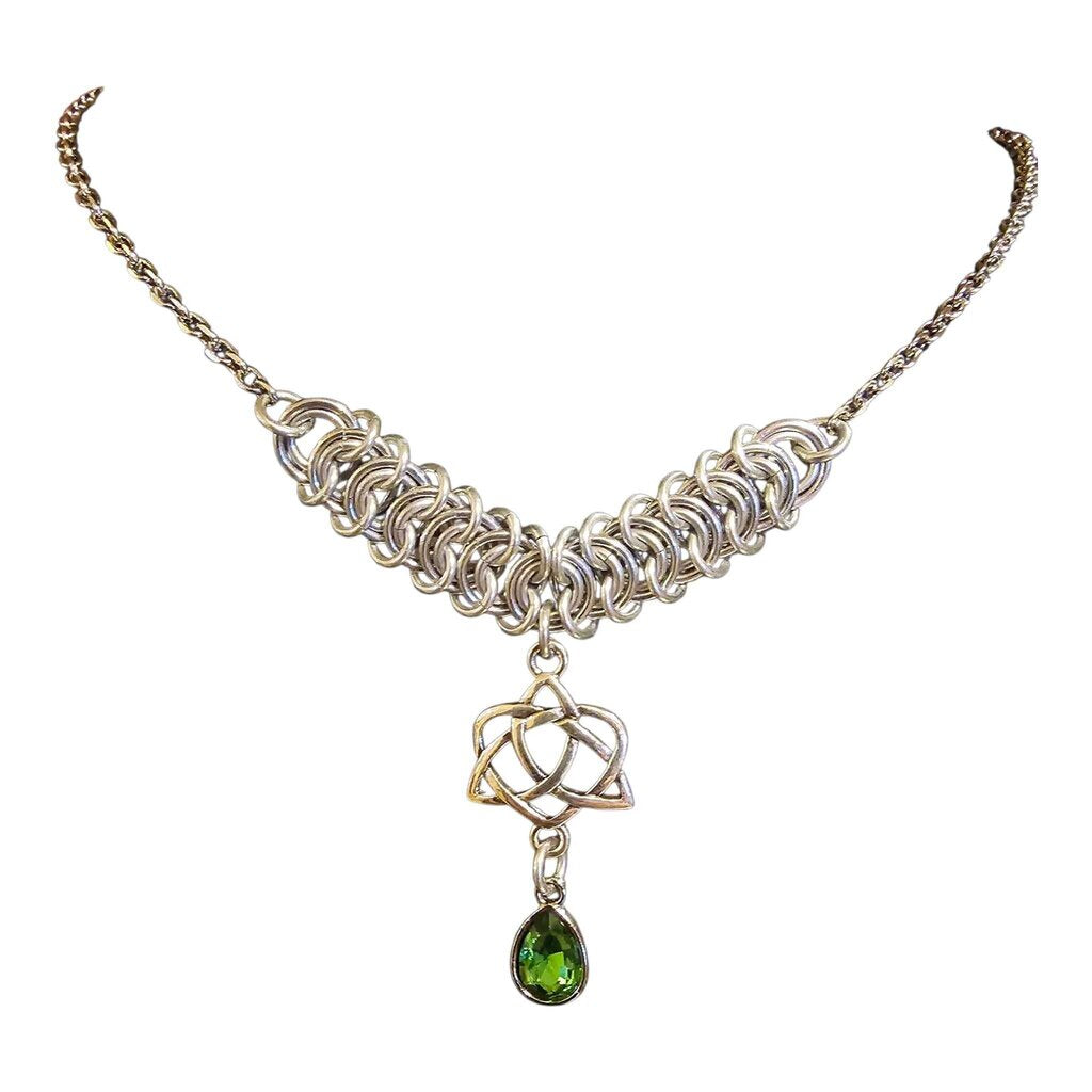 Green Crystal Silver Vertebrae "May" Necklace 16-18 inches