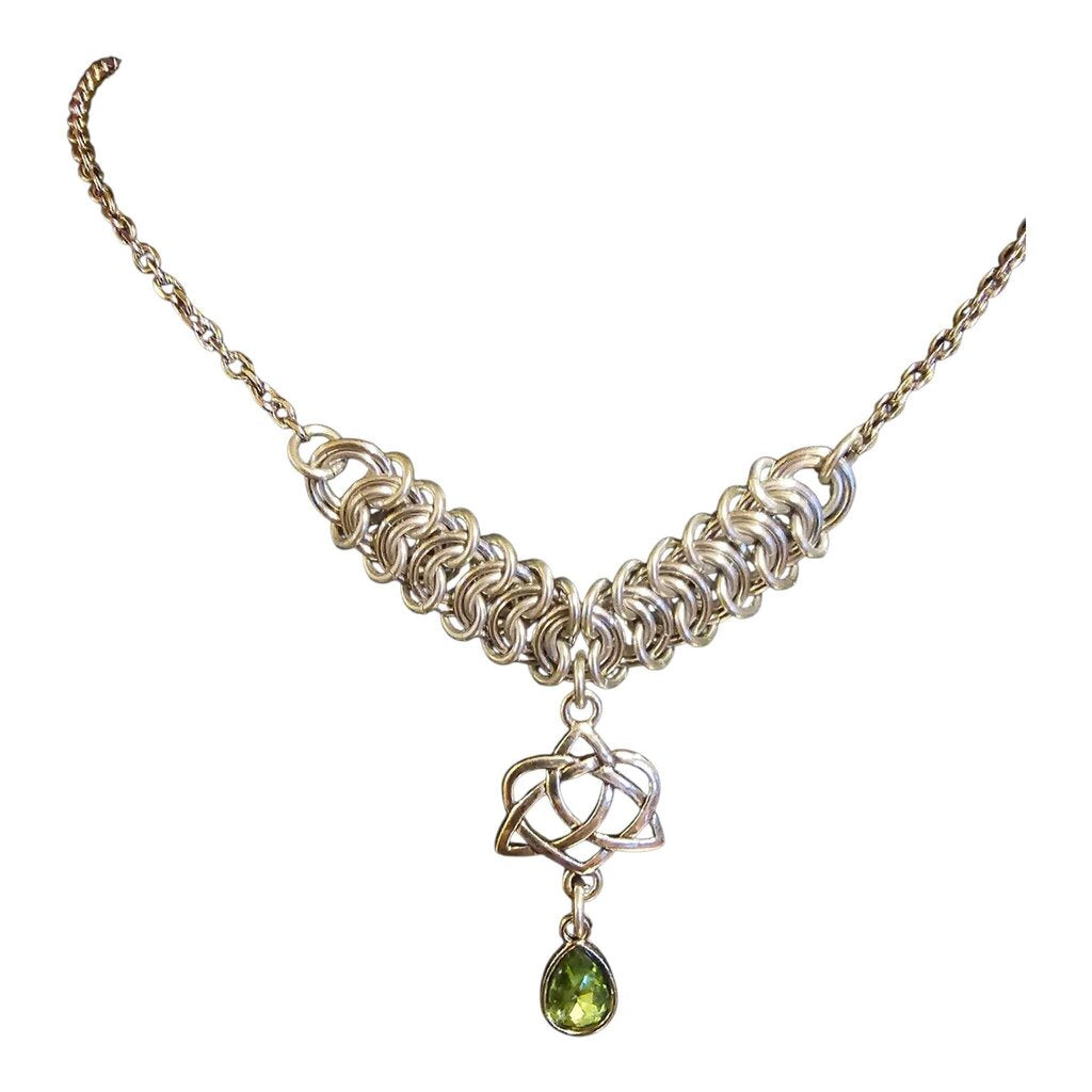 Light Green Crystal Silver Vertebrae "August" Necklace 16-18 inches