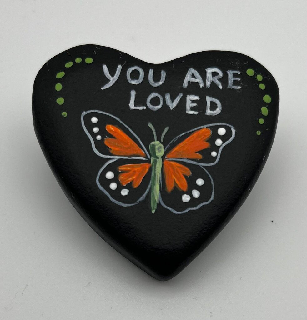 Heart rock blk w/monarch "you are loved"
