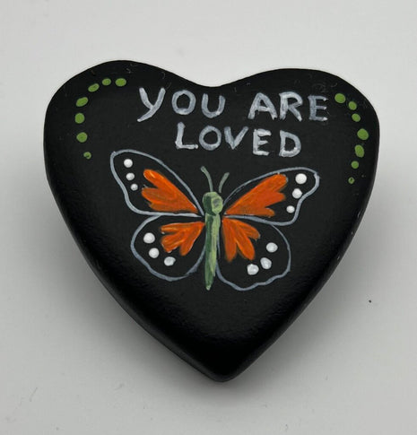 Heart rock blk w/monarch "you are loved"