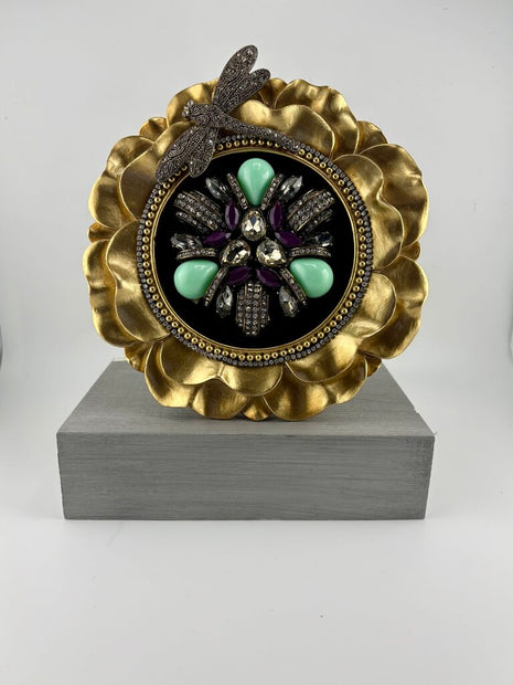 6 in round gold flower frame w. vtg art deco jewelry and vtg dragonfly
