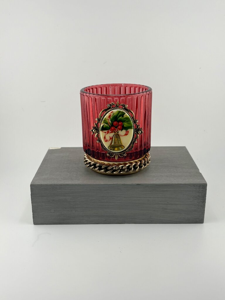 Red glass tea light (included) decorated w/vtg candle brooch & chain