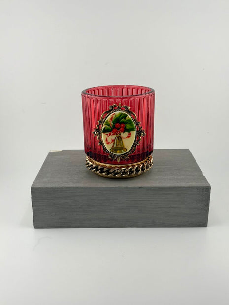 Red glass tea light (included) decorated w/vtg candle brooch & chain