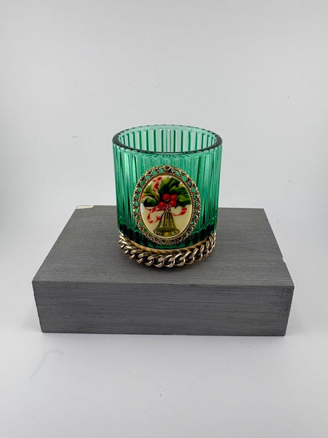 Green glass tea light (included) decorated w/vtg candle brooch & chain