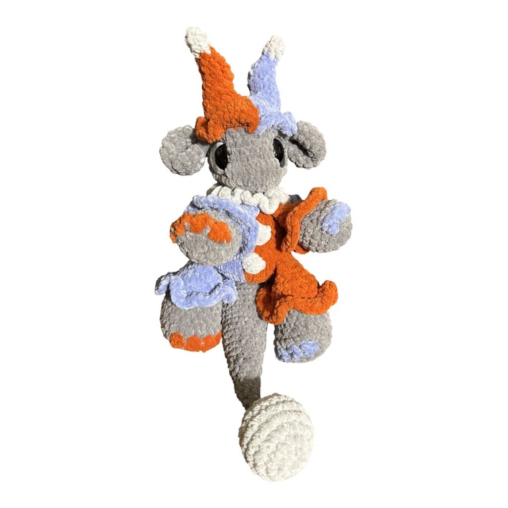 Crocheted jester dragon plushie