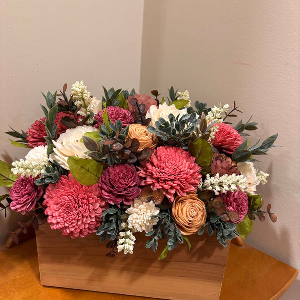 Wooden Box filled with Cream, Pink and Orange Sola Wood Flowers