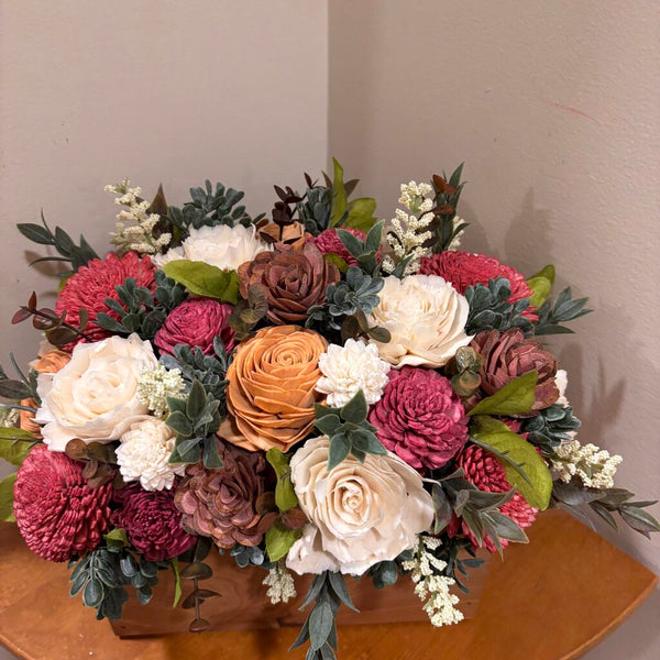 Wooden Box filled with Cream, Pink and Orange Sola Wood Flowers